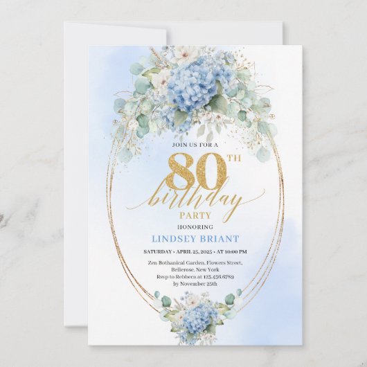 Garden Blue Floral Gold 80th Birthday Invitation Kaart (Voorkant)