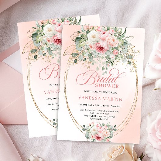 Garden Blush Roses Floral Bridal Shower Invitation