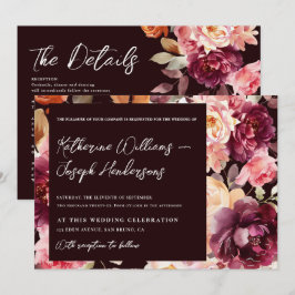 Garden Burgundy Script calligraphy Details Wedding Kaart