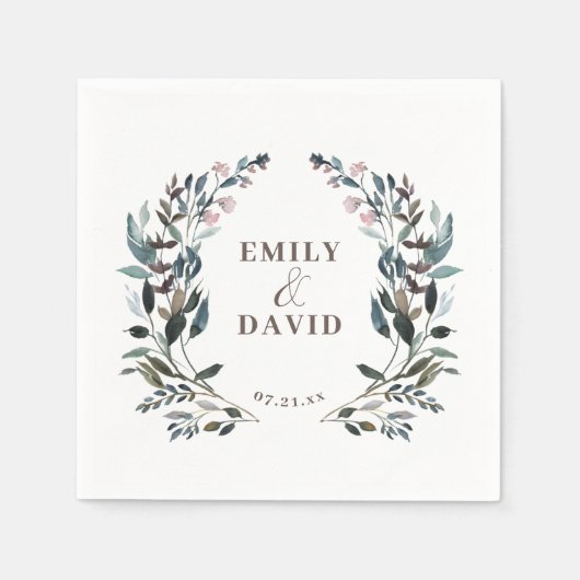 Garden Crest Floral Bruiloft Namen en Datum Servet (Voorkant)