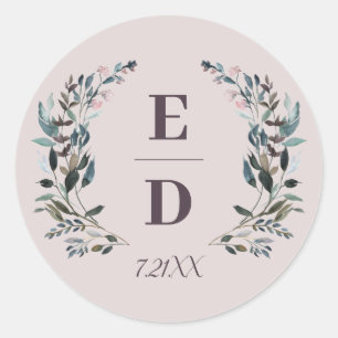 Garden Crest Mauve Paars WeduwMonogram Datum Ronde Sticker