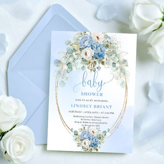 Garden Dusty Blue Flowers Greenery Baby Shower Kaart
