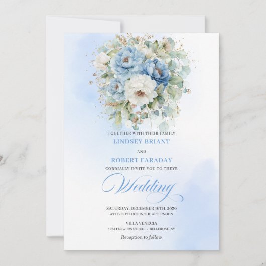 Garden Dusty Blue White Flowers Gold Wedding Kaart (Voorkant)