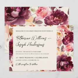 Garden Floral Bourgondië Script kalligrafie Huweli Kaart