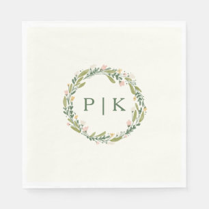 Garden Floral Monogram Wreath Pink Green Wedding Servet