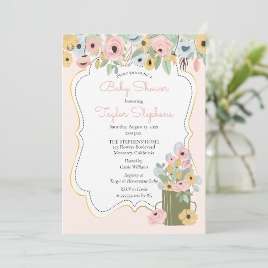 Garden Floral Pink | Yellow Bouquet Baby shower Kaart (Staand voorkant)