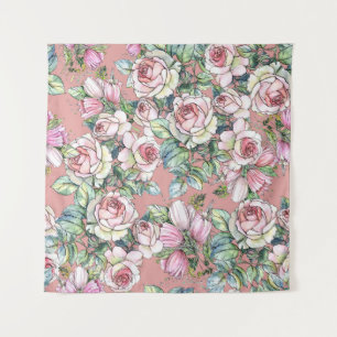 Garden flowers rose with tulips painted in waterco wandkleed