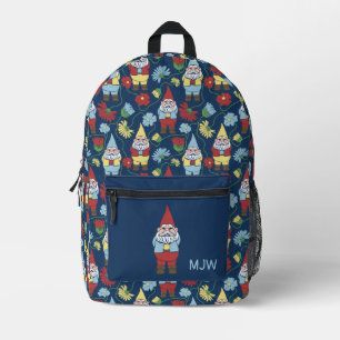 Garden Gnomes en Flowers Navy Blue Patterned Bedrukte Rugzak
