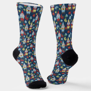 Garden Gnomes en Flowers Navy Blue Patterned Sokken