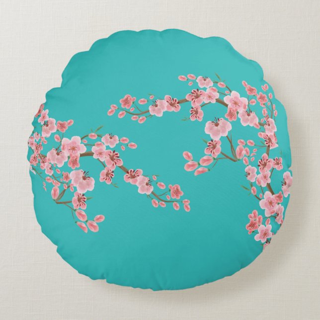Garden Green Cherry Blossom Accent Pillow Rond Kussen (Voorkant)