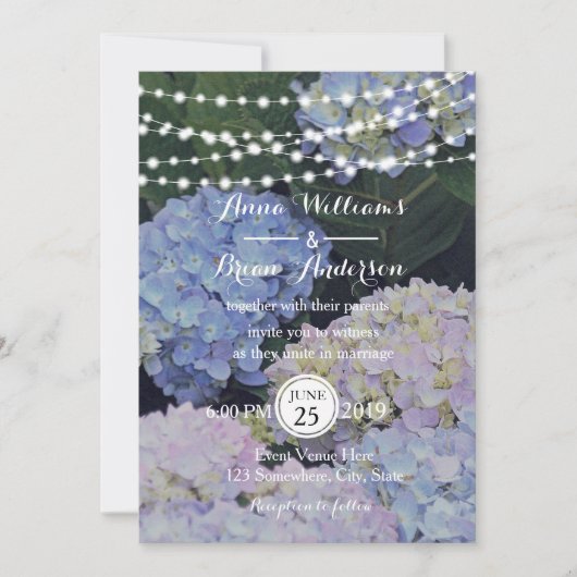 Garden Hydrangeas String of Lights Wedding Invite Kaart (Voorkant)