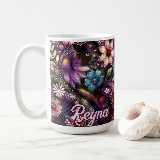 Garden Kitty Cat Floral Abstract Personalized Koffiemok (Met donut)