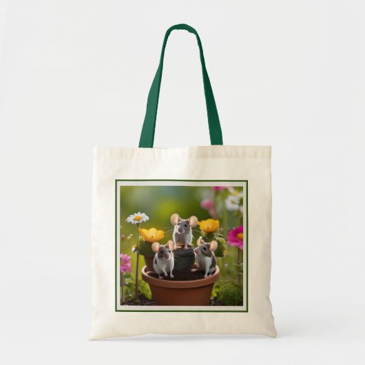 Garden Mischief: drie muizen in bloempotten Tote Bag (Voorkant)
