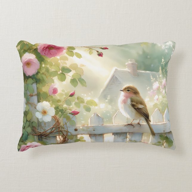 Garden Rose Bird Watercolor Scene Accent Kussen (Voorkant)