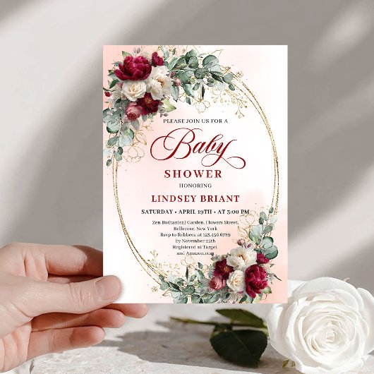 Garden Rustic Maroon Peonies Baby Shower Invitatio Kaart