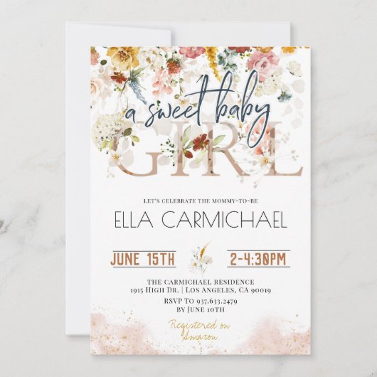 Garden Sweet Baby Girl Baby shower Invitation (Devant)