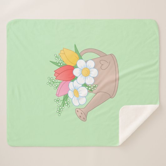 Garden Watering Kan met bloemen op groen Sherpa Deken (Voorkant (horizontaal))