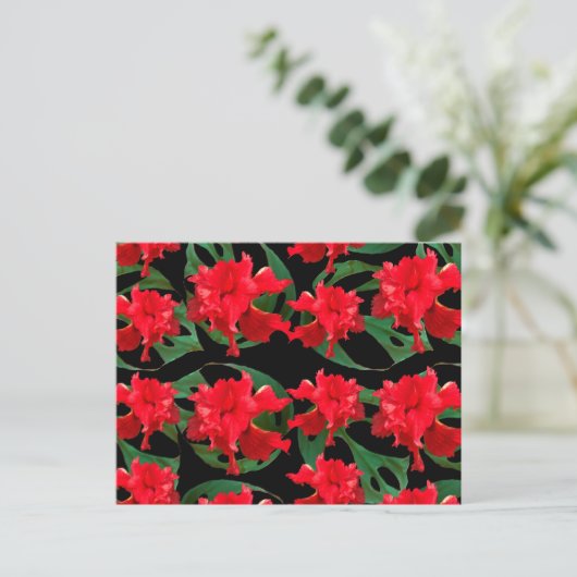 Gardener Hibiscus Monstera Pattern Black Briefkaart (Staand voorkant)