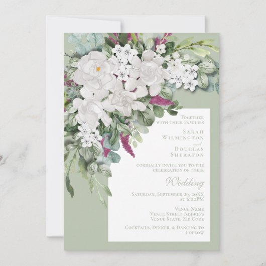 Gardenia / Snapdragon Mariage Sage Invitation (Devant)