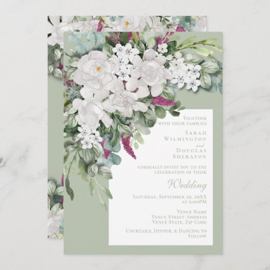 Gardenia / Snapdragon Mariage Sage Invitation (Devant / Derrière)