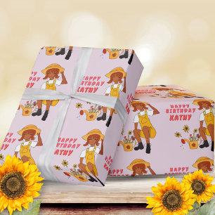 Gardening Girl met zonnebloemen Happy Birthday Cadeaupapier