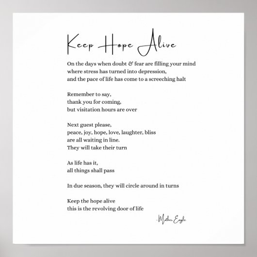 Garder espoir vivant inspiré poème poster murale (Devant)