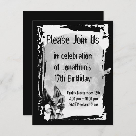 Gargoyle en Full Moon Gothic Birthday Uitnodiging (Voorkant / Achterkant)