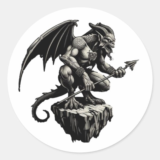 Gargoyle zit op een rots ronde sticker (Voorkant)
