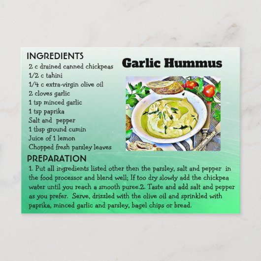 Garilic Hummus Recept Post Kaart (Voorkant)