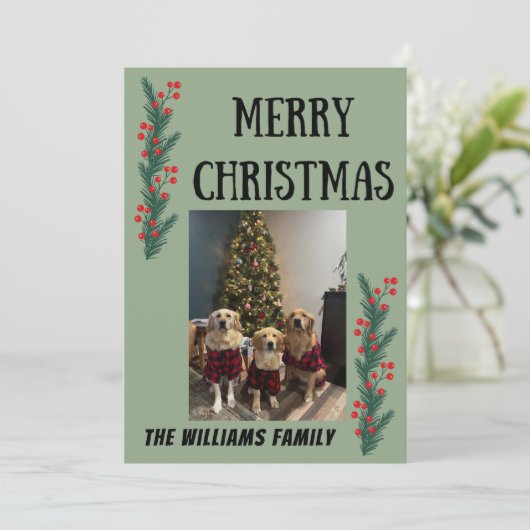 Garland and Berries Merry Christmas Card Bedankkaart (Staand voorkant)