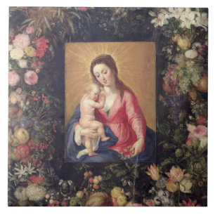 Garland of Fruit and Flowers with Virgin and Child Tegeltje