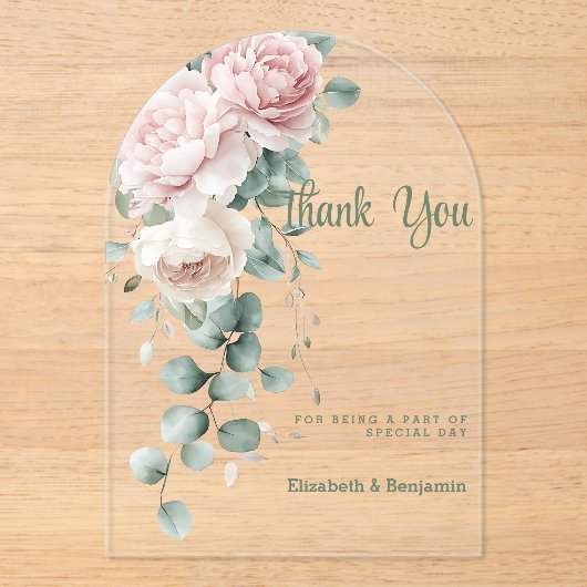 Garland roze pioenen eucalyptusblad Dank u Acryl Uitnodigingen (Voorkant)