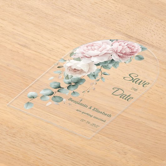 Garland roze pioenen eucalyptusblad Save the Date Acryl Uitnodigingen (Laagn)