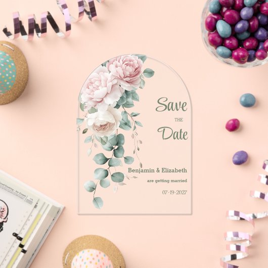 Garland roze pioenen eucalyptusblad Save the Date Acryl Uitnodigingen (Insitu (Viering))