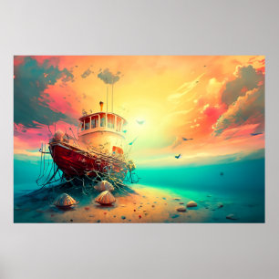 Garnalenboot bij zonsondergang poster