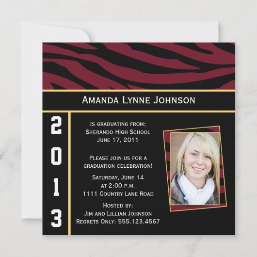 Garnet Gold Black Zebra Graduation Invitation (Devant)