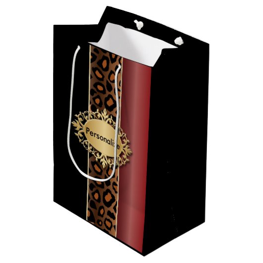 Garnet Red en Black Leopard Pattern Medium Cadeauzakje (Voorkant Gekanteld)