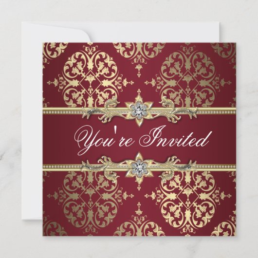 Garnet Ruby Red Gold Black Damask Party Invitation (Devant)