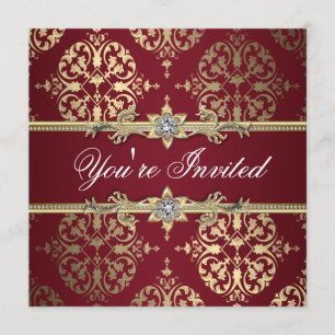 Garnet Ruby Red Gold Black Damask Party Invitation