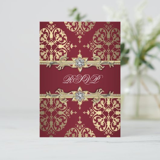 Garnet Ruby Red Gold Black Damask Party Invitation (Debout devant)