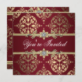 Garnet Ruby Red Gold Black Damask Party Uitnodigin Kaart (Voorkant / Achterkant)