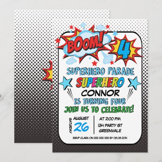 Garys Superhero Parade 4e Invitation anniversaire (Devant / Derrière)