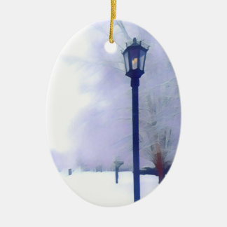 Gaslamp op sneeuwstraat keramisch ornament