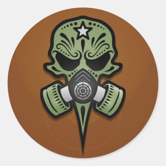Gasmaskersuikerschedel, groen ronde sticker (Voorkant)