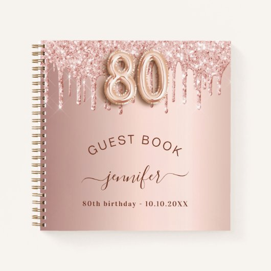 Gastboek 80ste verjaardag roos goudglitterdruppels notitieboek (Voorkant)