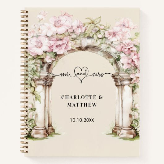 Gastboek bruiloft mr. hart roze bloemen boog notitieboek (Voorkant)