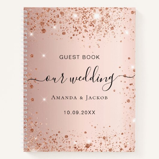 Gastboek bruiloft roos goudbruine glitternamen notitieboek (Voorkant)