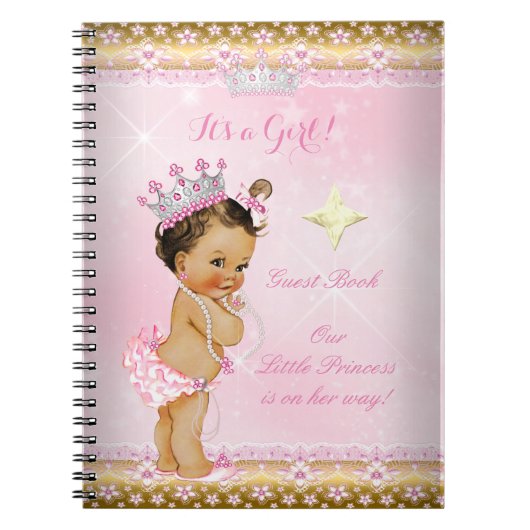 Gastboek Princess Baby shower Pink Brunette Notitieboek (Voorkant)