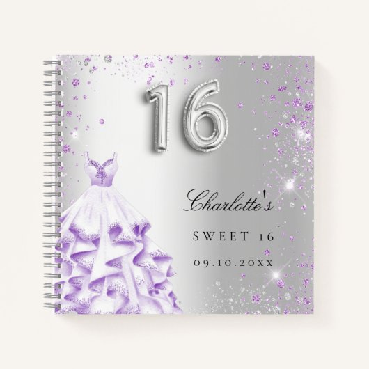 Gastboek Sweet 16 zilveren paarse glitterjurk Notitieboek (Voorkant)