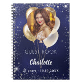 Gastboek verjaardag marine blauwe foto gouden ball notitieboek (Voorkant)